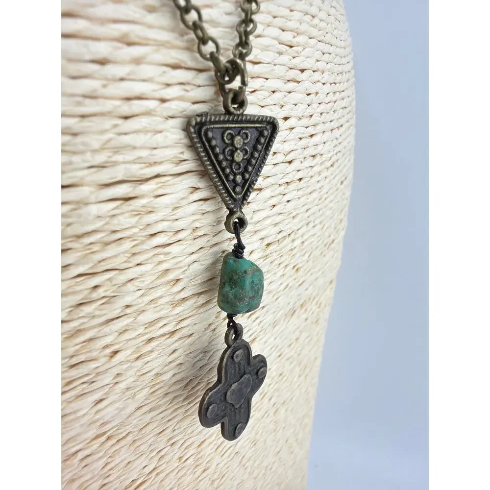 Handcrafted Artisan Made Ethiopian  Coptic Cross Pendant Necklace with Turquoise